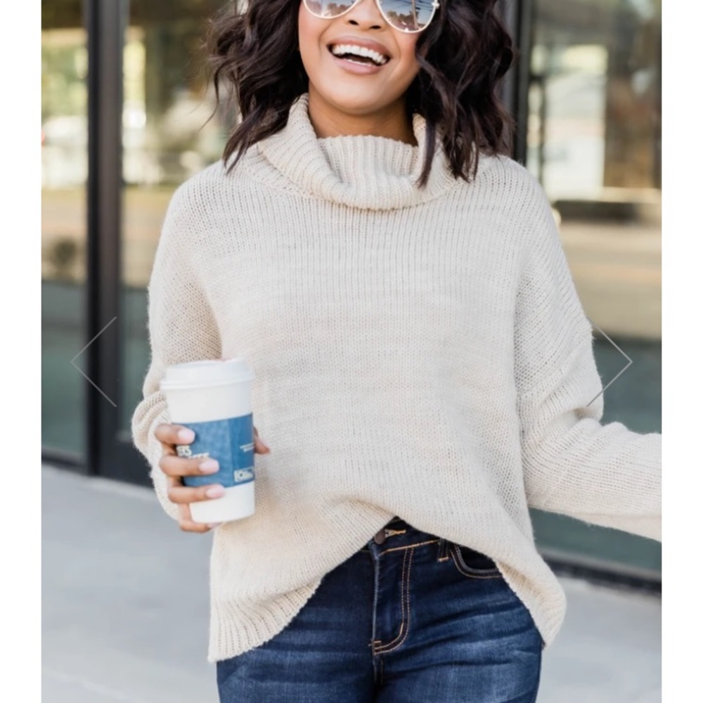 Pink Lily Use Your Heart Turtleneck Sweater Beige